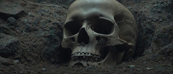 Silent Echoes: The Somber Presence of a Human Skull Resting in a Forgotten Tomb, Generative AI