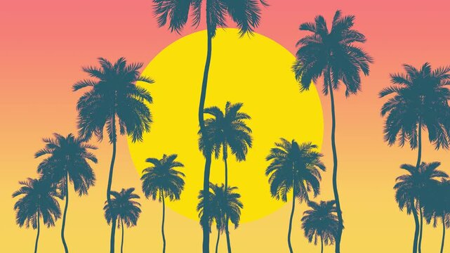 Parallax tracking shot of a loop animation of palm tree landscape at sunset with flat and gradient color design