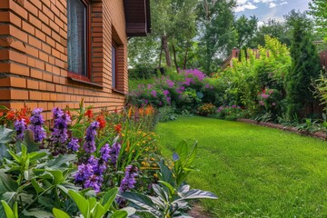 Well maintained park with colorful flowers green grass brick wall and trees