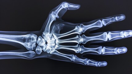 Naklejka premium X-Ray of a Hand: X-ray image of a human hand, displaying intricate bone details and joints. 