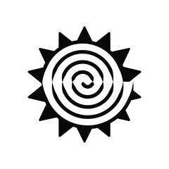This is an abstract logo image of a spiraling sun in black color on a white background