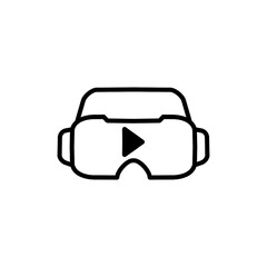editable real line icon of virtual reality or VR glasses to enjoy a virtual simulated experience in applications like movies with a play button in a black lines pictogram on a white background