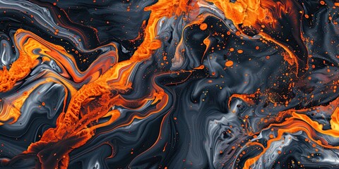 Fluid art composition with bold orange and black tones, highlighted by dynamic, flowing forms.