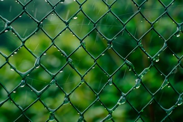 Fototapeta premium Wet green fence with drops in nature s background Close up of iron mesh