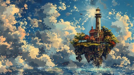 A tanker sails near a lighthouse in a vast seascape at sunset, blending industry with nature