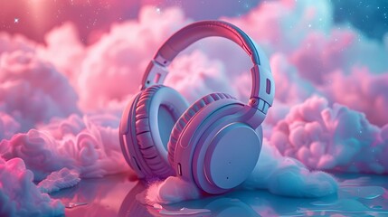 Pink headphones on a sky-blue background, surrounded by tags like headphones, music, and technology