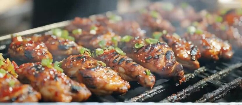 Meat on the grill with flames and smoke