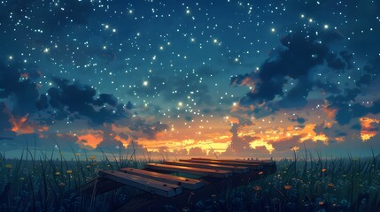 A time-lapse of clouds moving over a cityscape, showcasing the transition from sunset to night under a sky filled with colors and stars