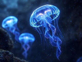 Jellyfish swimming gracefully in the deep blue ocean