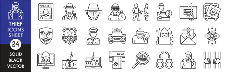 A set of line icons related to thief. Theft, outlaw, burgler, loot, bandit, hacker, jail, handcuffs, pickpocket, online and so on. Vector outline icons set.