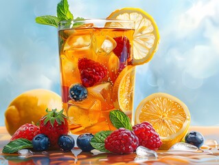 A refreshing glass of lemonade with fruits and a colorful cocktail