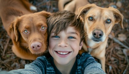 A smiling boy takes a selfie with a pet dog