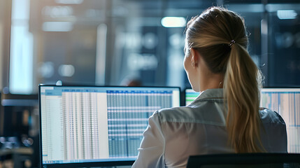 Young businesswoman working with financial data on computer at office desk.