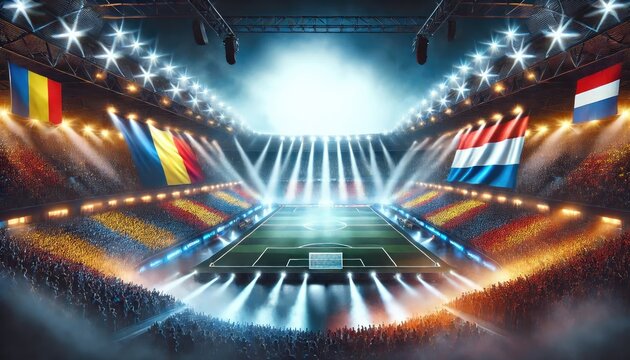 Romania vs Netherlands football match, Romanian flag, Dutch flag, stadium, Euro 2024, UEFA European Football Championship 2024, 1/8 finals