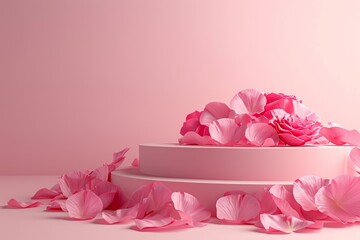 empty pink platform, podium, stage with pink flower petals scattered around, flying petals, pink color palette, product presentation, elegant cosmetic backdrop