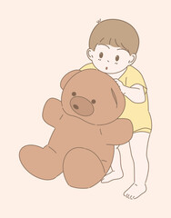 Cute baby boy standing, hugging, playing together with teddy bear. Hand drawn flat cartoon character vector illustration.