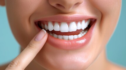 Obraz premium Close-up of a woman's bright, white smile. Her finger gently touches