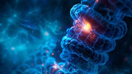 A close-up abstract image of a glowing blue DNA strand with a bright orange center.