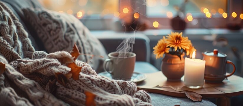 Cozy home vibes with autumn Chrysanthemum flowers and hot cocoa in an urban setting