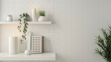 Interior Design with White Shelves Green Plant Candle Diary and Vertical Pegboard
