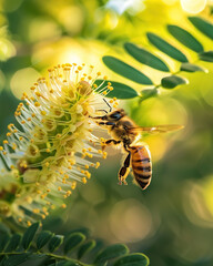 Obraz premium A honey bee hovers above a white flower.