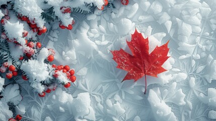 A single red maple leaf rests on a snowy ground, surrounded by a snowy branch with red berries