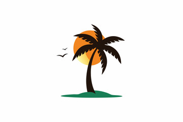 palm tree and sun silhouette, vector