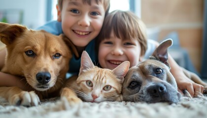 A smiling boy takes a selfie with a pet cat and dog