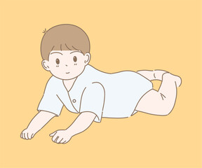 Little boy in baby suit learning to crawl on the floor. Cute baby crawling, smiling. Adorable infant lying down. Hand drawn flat cartoon character vector illustration.