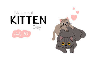 Cute cat concept, national kitten day. Adorable domestic british shorthair cat with kitten. Fluffy grey and creme colored cats lying with hearts. Cartoon flat vector illustration