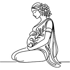 Pregnant woman one-line art drawing vector