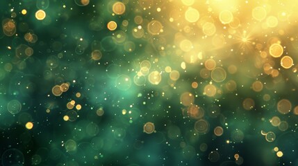 Abstract background with green and gold bokeh lights.  Sparkling festive backdrop.