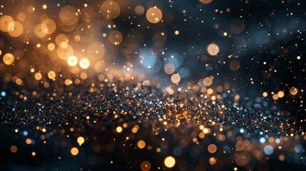 Obraz premium Abstract background with golden and blue bokeh lights on a dark background.