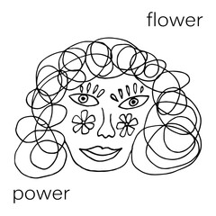 Abstract weird woman face line art with curly hair and flowers. Hand drawn boho vector illustration.