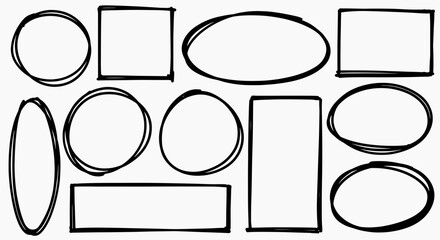 Drawn pen line oval and square set. Hand drawn marker stroke style doodle oval and square frame. Scribble round and square frame for text highlight. Vector illustration set.
