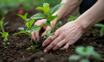 A worker's hands planting a tree in a community garden