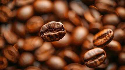 Fototapeta premium Floating Coffee Beans: A close-up shot of coffee beans floating in mid-air, surrounded by a rich, aromatic coffee aroma. 