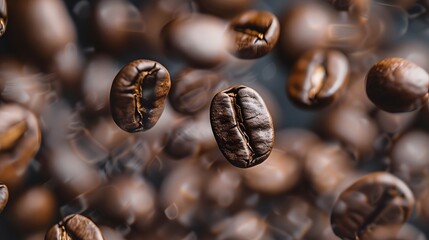 Fototapeta premium Floating Coffee Beans: A close-up shot of coffee beans floating in mid-air, surrounded by a rich, aromatic coffee aroma. 
