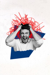 Composite trend artwork sketch collage of young man emoji bad mood headache burnout mind think...
