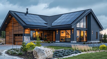 Modern, sustainable home with solar panels and large windows.  The home has a wood siding and a landscaped yard.
