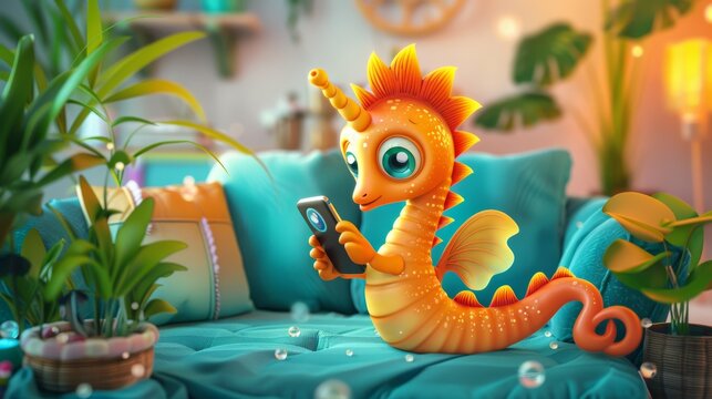 A cute cartoon seahorse sitting on a couch, looking at a smartphone.  A perfect image for a children's book or for a social media post about technology.
