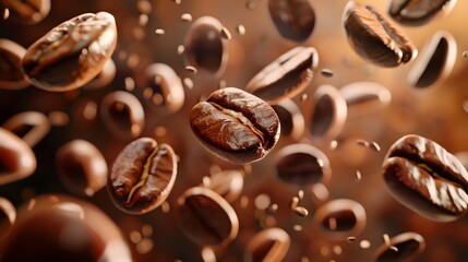 Floating Coffee Beans: A close-up shot of coffee beans floating in mid-air, surrounded by a rich, aromatic coffee aroma.
