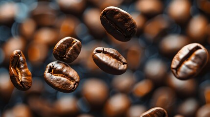 Fototapeta premium Floating Coffee Beans: A close-up shot of coffee beans floating in mid-air, surrounded by a rich, aromatic coffee aroma. 