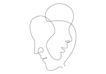 Abstract couple faces one line art, Continues single line drawing of attached couple faces