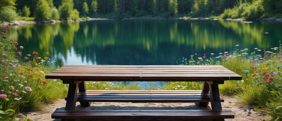 Obraz premium A charming wooden table by a tranquil lakeside, surrounded by wildflowers and greenery, rendered in rich, impasto oil paint to highlight the serene and picturesque setting, Generative AI