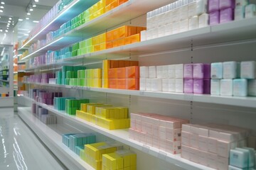 Obraz premium Pharmacy Color. Multicolor Boxes Inside Modern Shelves in Health Industry