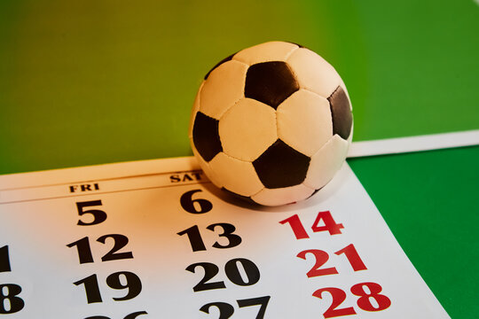 Soccer ball on calendar with date 14, final game, soccer weekend, sports calendar, soccer ball and calendar, championship game schedule, soccer backdrop