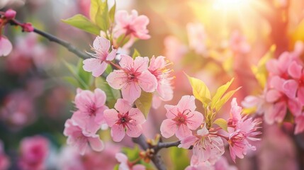 Fototapeta premium Blooming cherry blossom tree in a sunny spring garden
