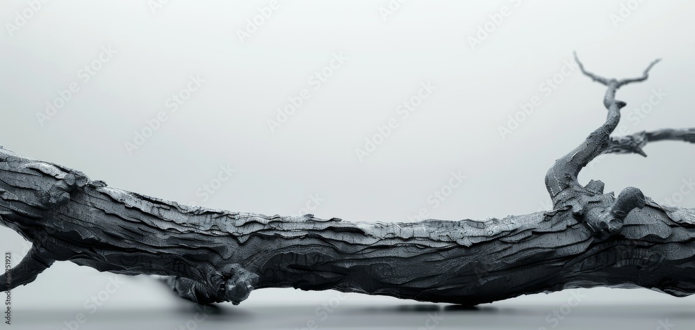 Poster white background with abstract black driftwood, using a minimalistic black and gray color palette