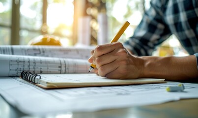 A worker's hands writing in a notebook with blueprints in the background